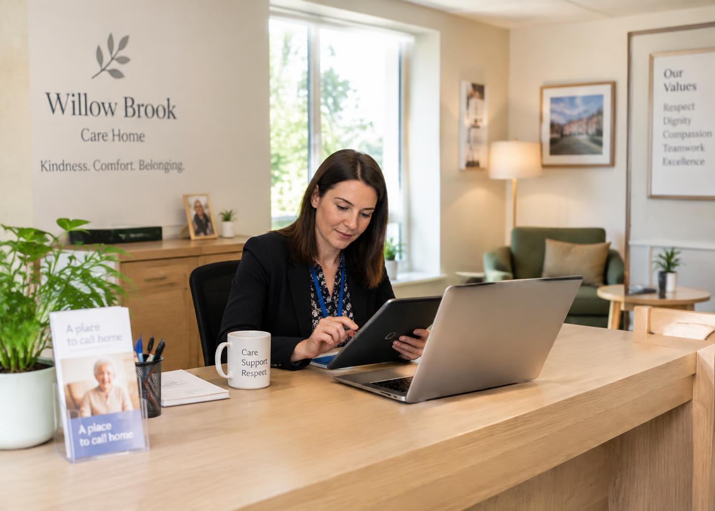 Care home manager working on a tablet