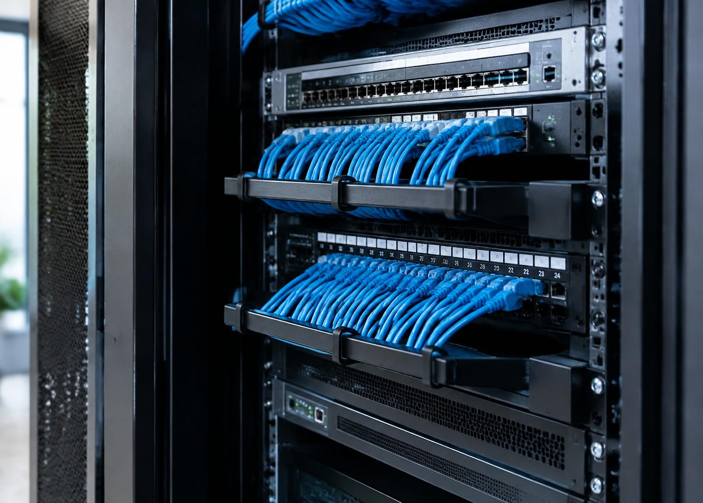 Neatly organised network cabinet with blue patch cables